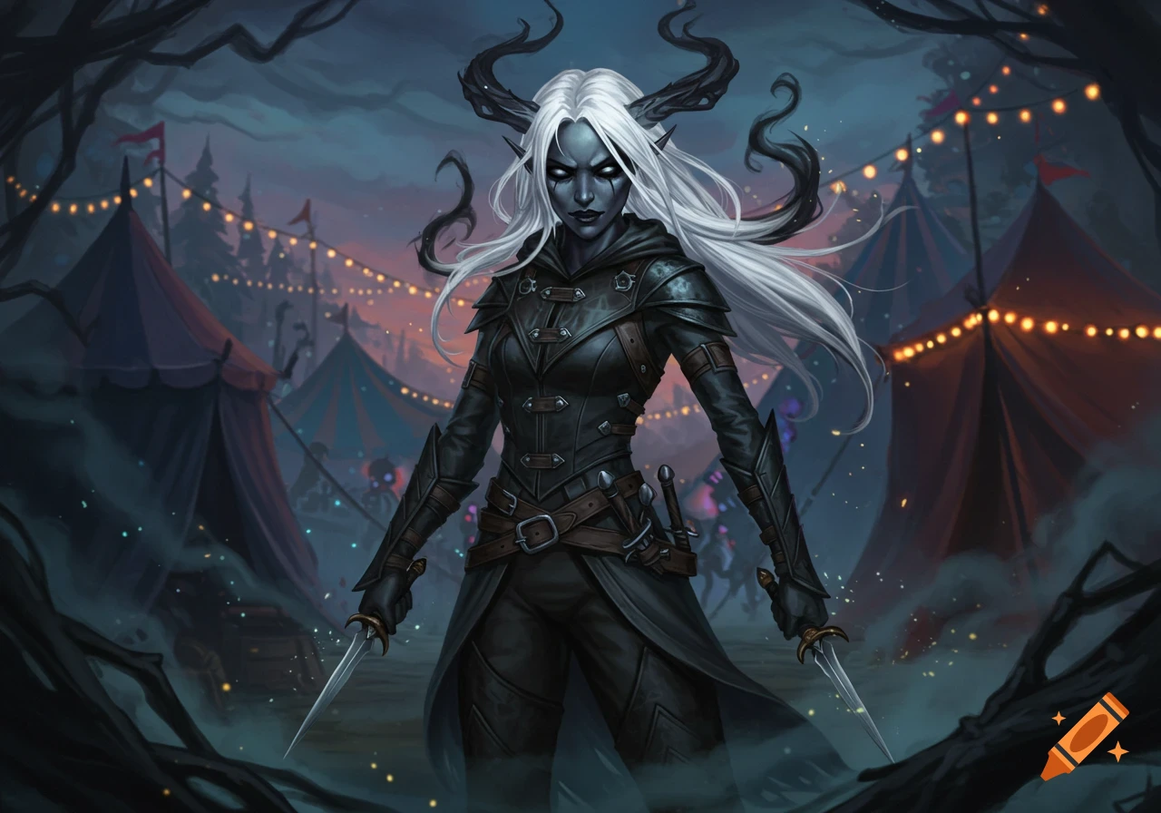 A dark fantasy character with pale skin, white hair, and horns in black leather armor holds daggers in a mystical carnival at twilight.