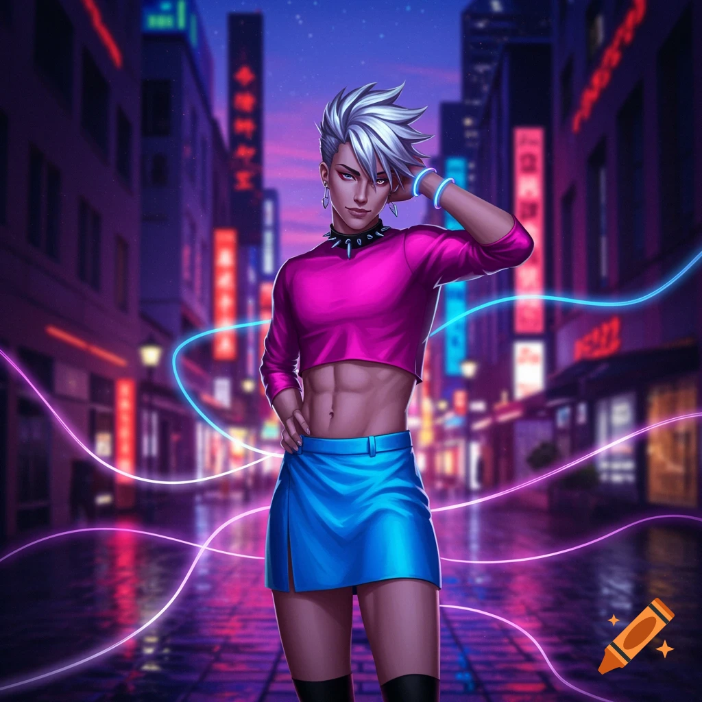 An anime character with spiky white hair wears a pink crop top and blue mini skirt, posing on a neon-lit city street at night.