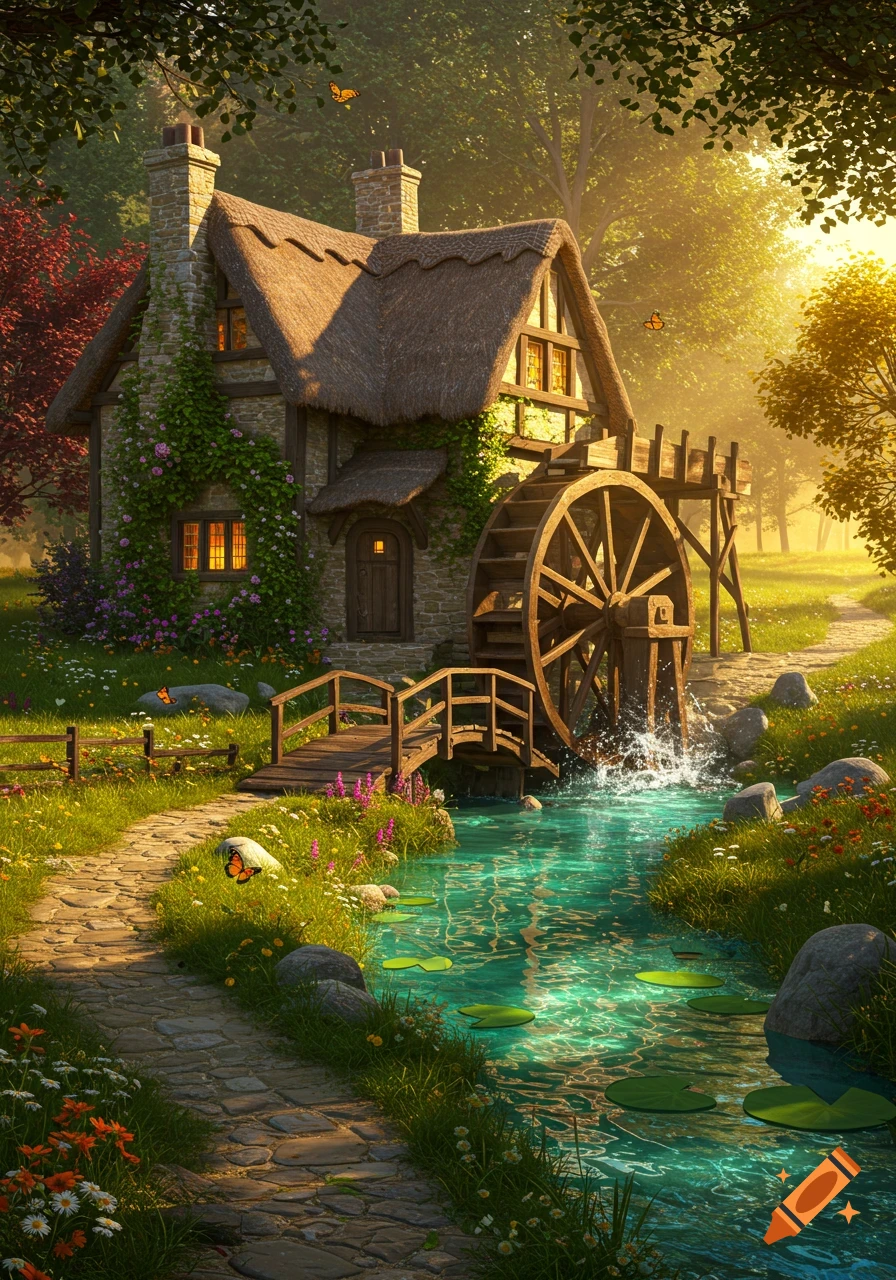 A picturesque country cottage with a thatched roof and working waterwheel next to a sparkling stream, with a wooden bridge.