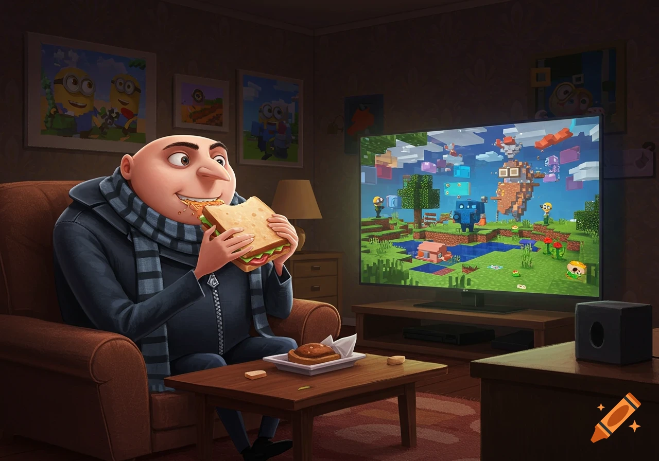 Animated Gru sitting in a living room, eating a sandwich while watching Minecraft on a large TV.