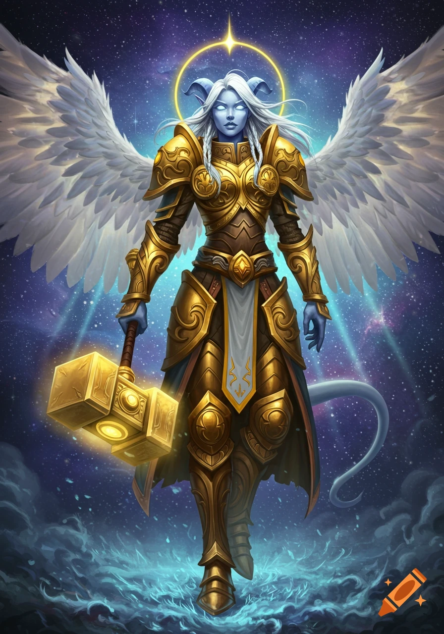 A blue-skinned female Draenei Paladin in golden armor with large white wings holds a glowing hammer, standing against a starry cosmic background.