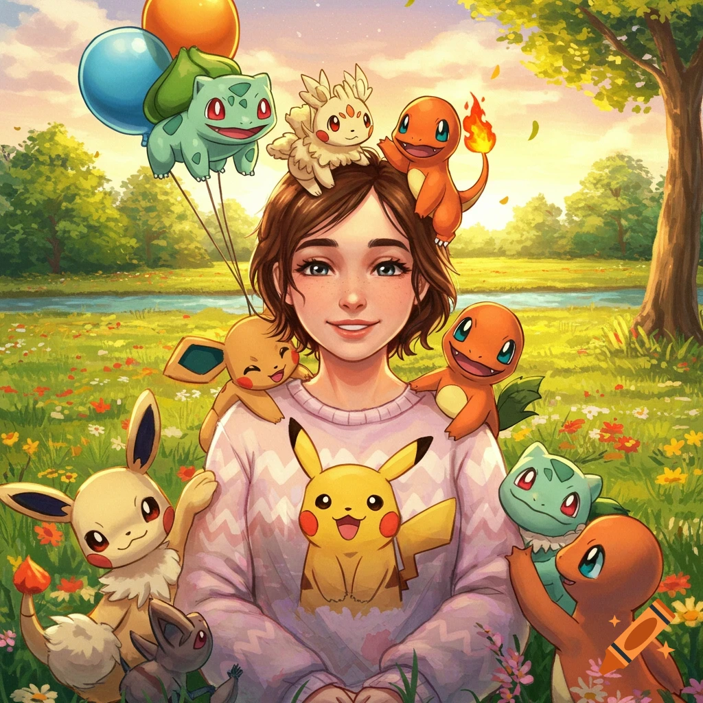 A young girl smiles in a sunny flower field, surrounded by various Pokémon, including Pikachu, Eevee, Bulbasaur with balloons, and Charmander.