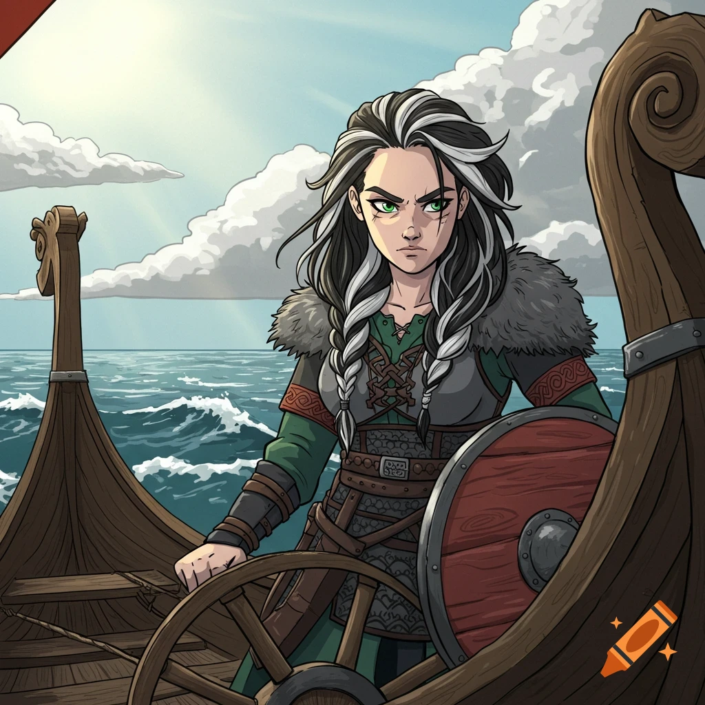 Cartoon Viking woman with long black and gray hair and green eyes, steering a longship on a wavy sea under a cloudy sky.