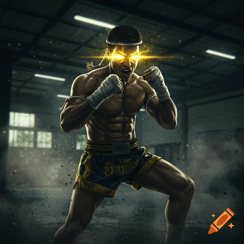 Muscular Muay Thai fighter with glowing yellow eyes, wearing traditional shorts and hand wraps, in an aggressive stance amidst a dusty, dark gym.