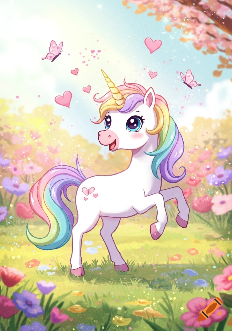 A happy cartoon unicorn with a rainbow mane and tail stands in a vibrant flowery meadow with butterflies and hearts.