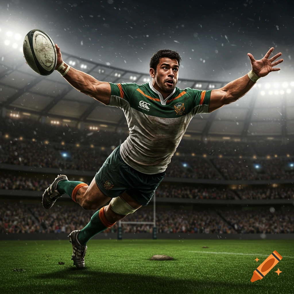 A muscular male rugby player in a green and white uniform dives through the air, holding a rugby ball in a brightly lit stadium.