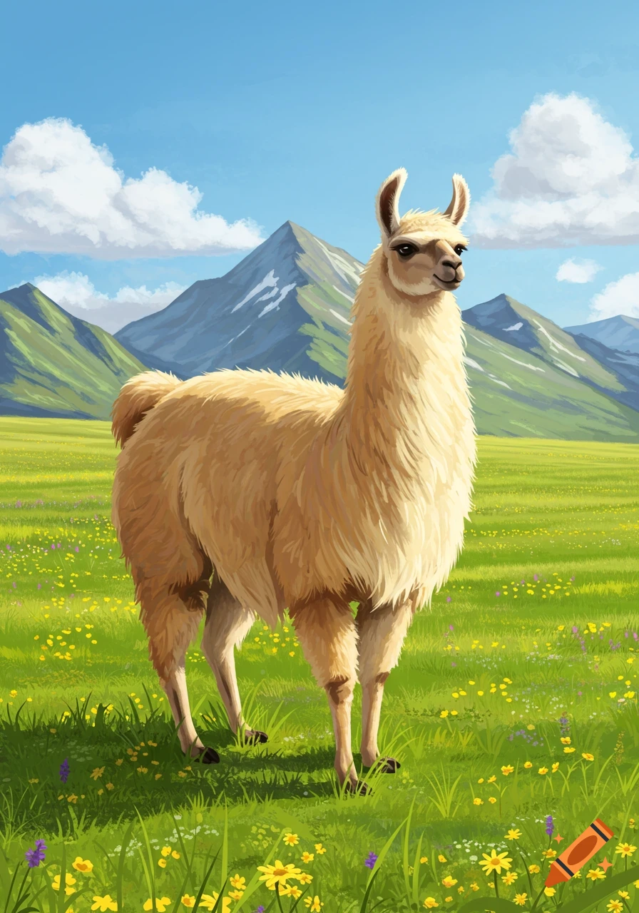 Illustrated llama standing in a green field with wildflowers, mountains, and a blue sky.
