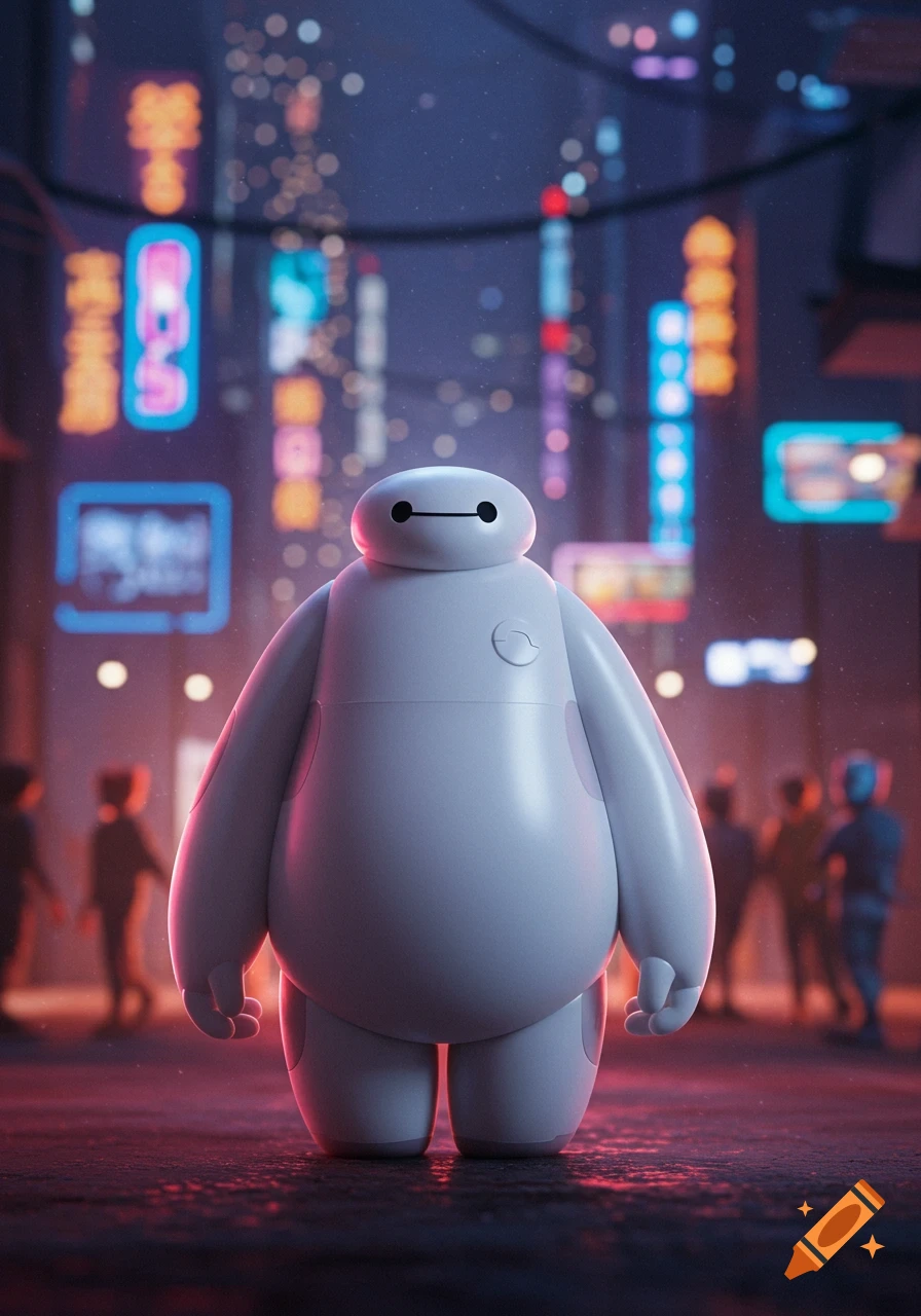 Baymax stands in a neon-lit futuristic city street at night, with blurry background lights and reflections on the wet ground.