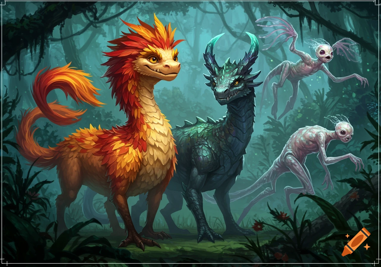 Two colorful dragon-like creatures and two pale, winged humanoids in a misty, dark forest. Digital art.