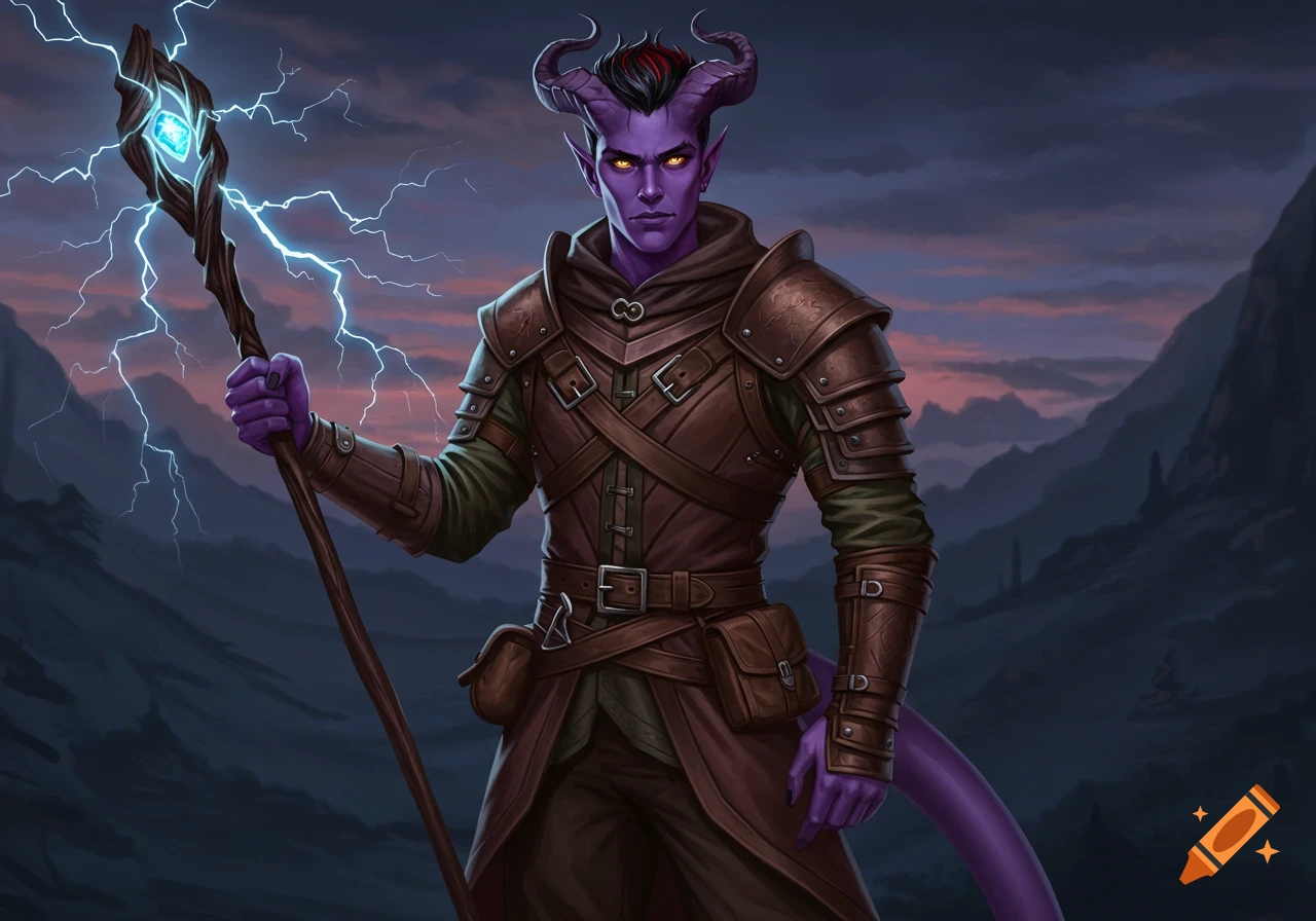 A realistic digital painting of a purple-skinned male tiefling in brown armor holding a lightning staff against a stormy mountain background.
