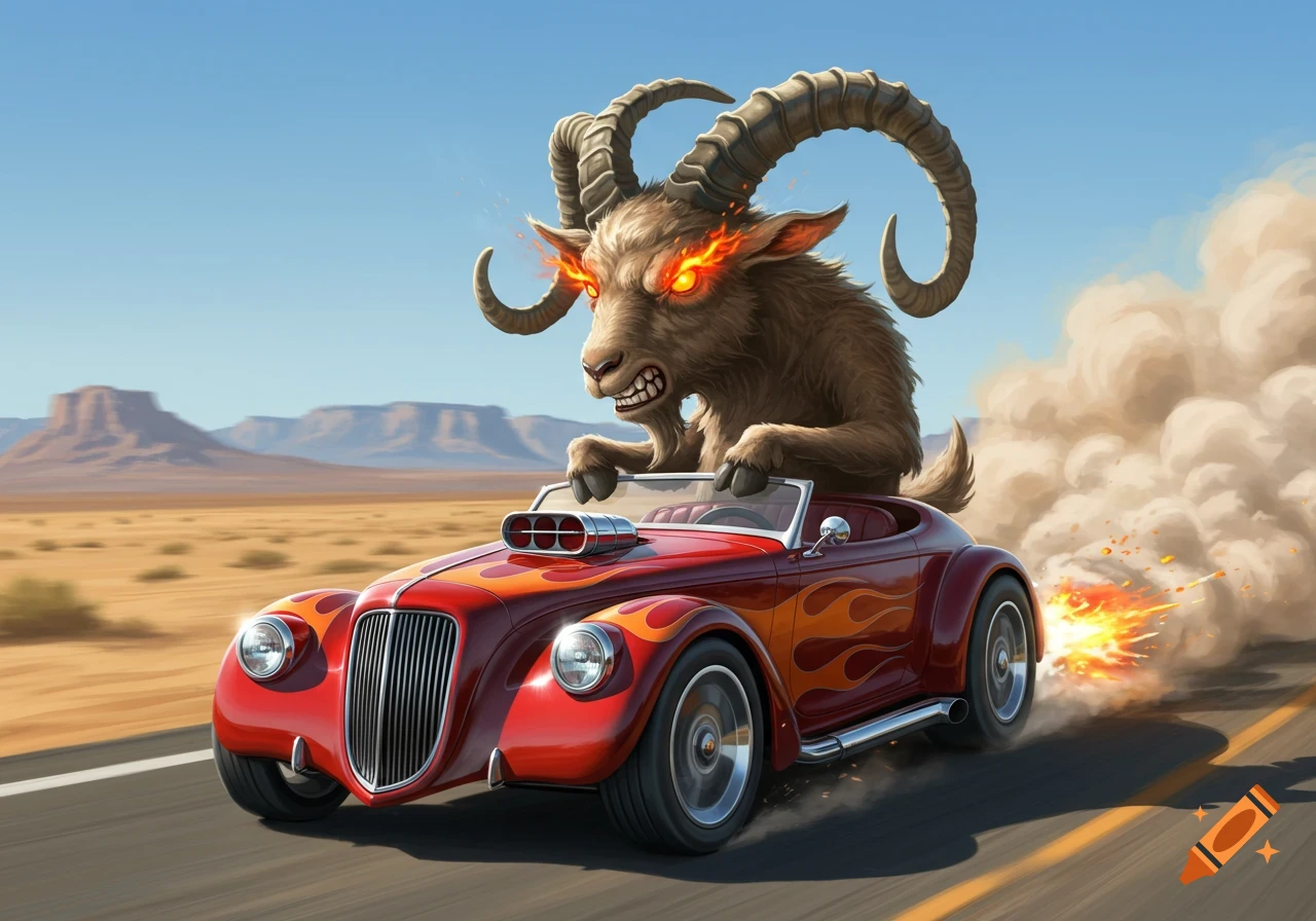 An angry, horned goat with glowing eyes drives a red hotrod, spewing smoke and fire on a desert road.