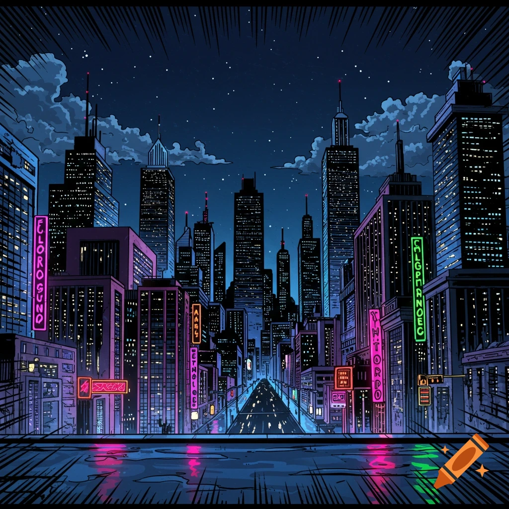 A comic book style illustration of a vibrant city skyline at night with glowing neon signs and a street reflecting colorful lights.