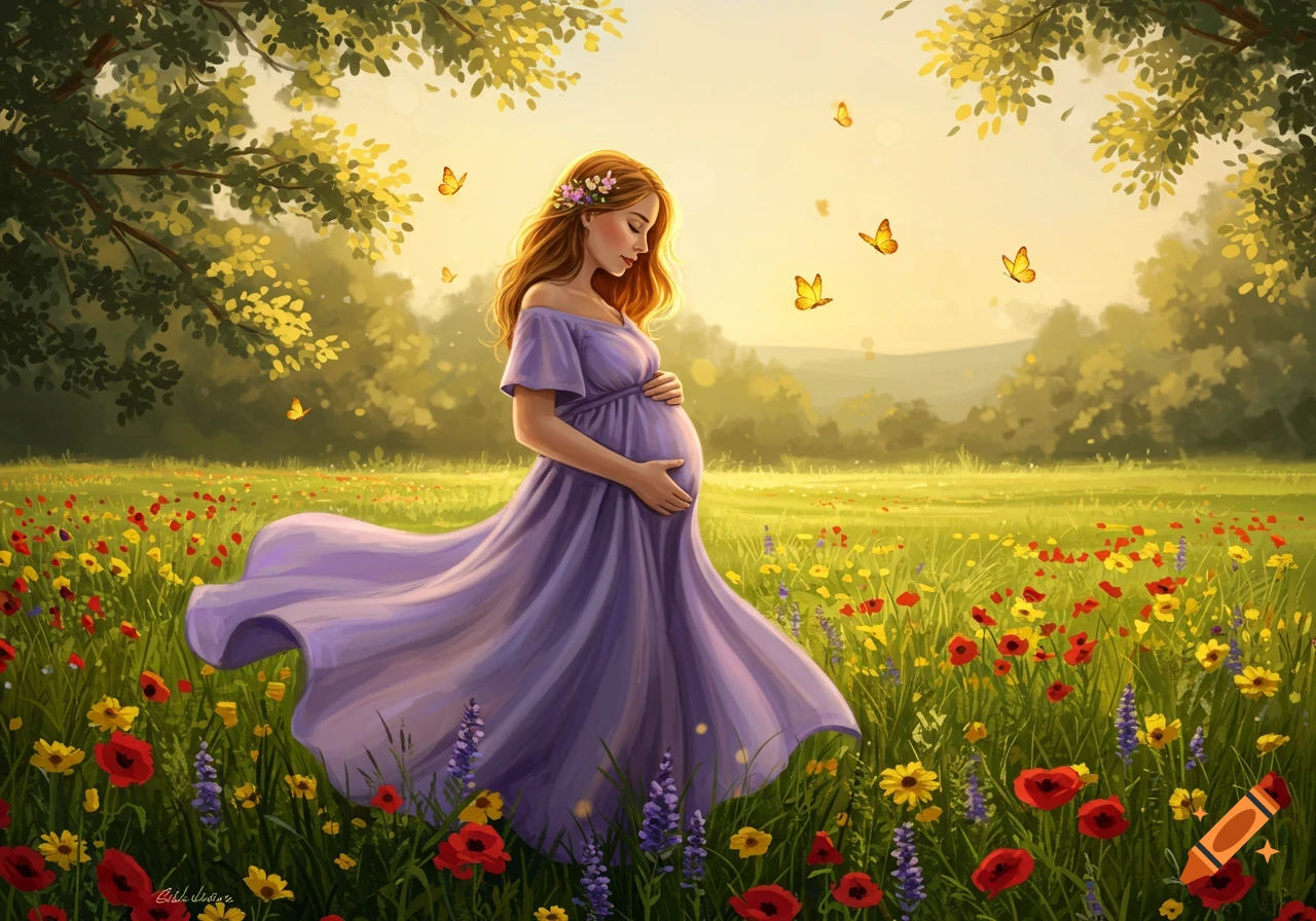 A pregnant woman in a flowing purple dress cradles her belly in a vibrant field of red and yellow wildflowers with butterflies under a sunny sky.