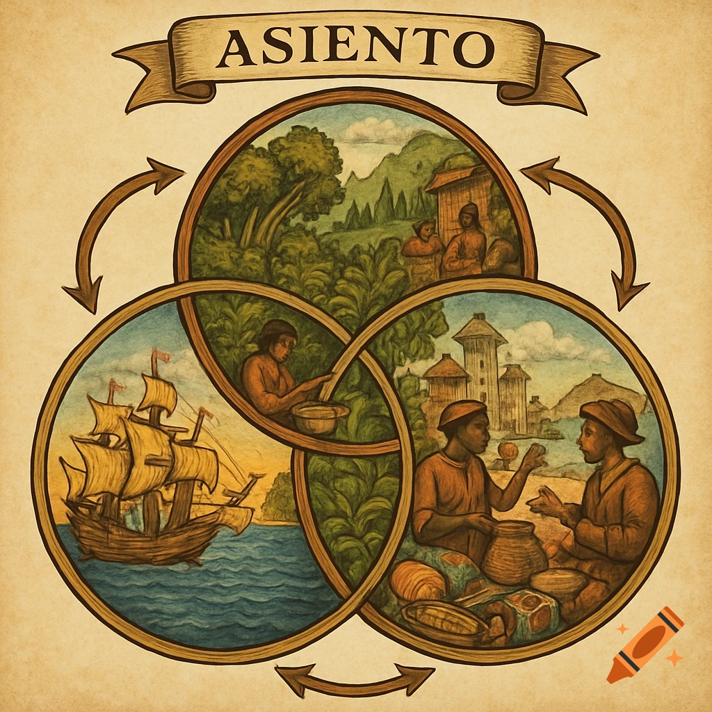Vintage illustration of a Venn diagram with 'ASIENTO' banner. Circles show a sailing ship, people working in a forest, and people trading in a village, connected by arrows.