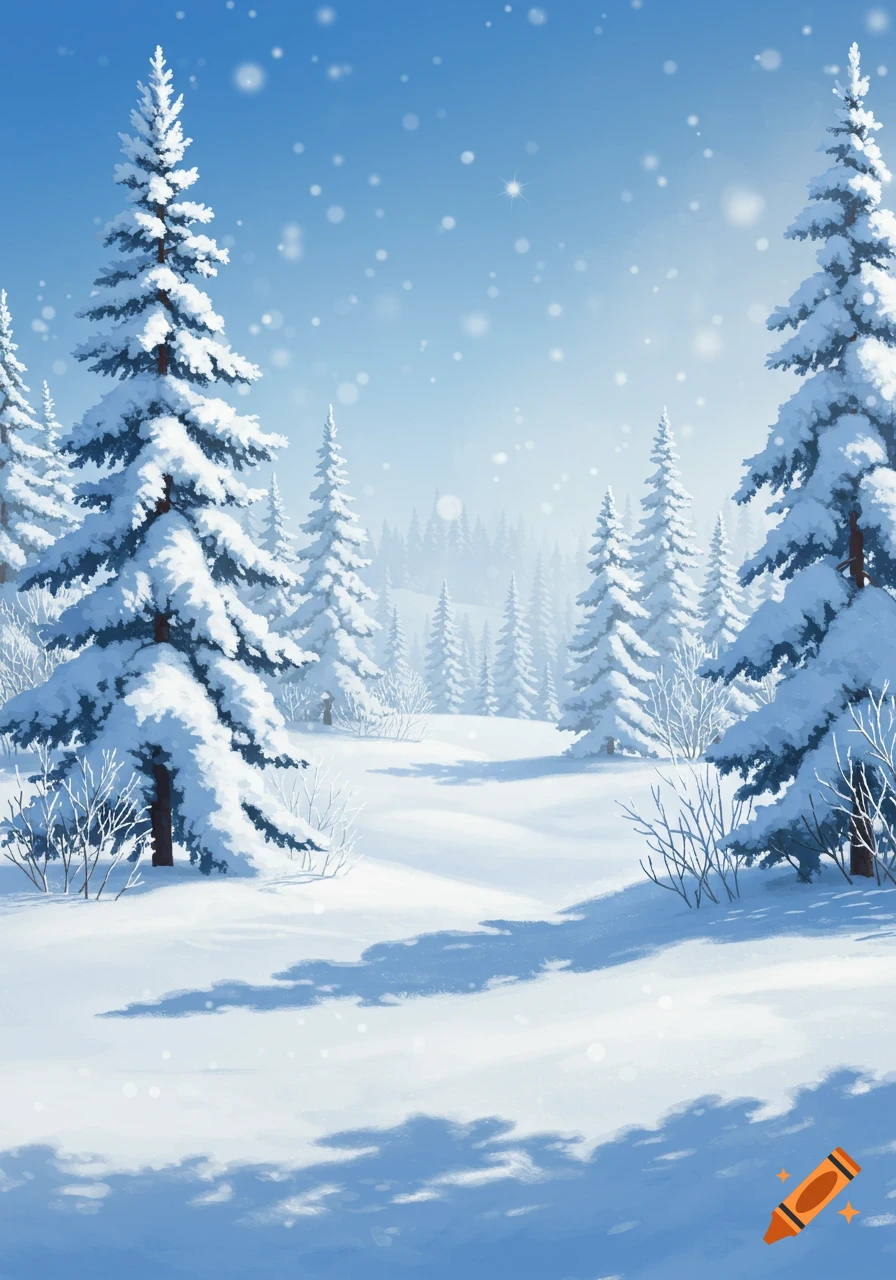 A serene, snowy forest landscape with tall, snow-laden fir trees and falling snowflakes under a bright blue sky.