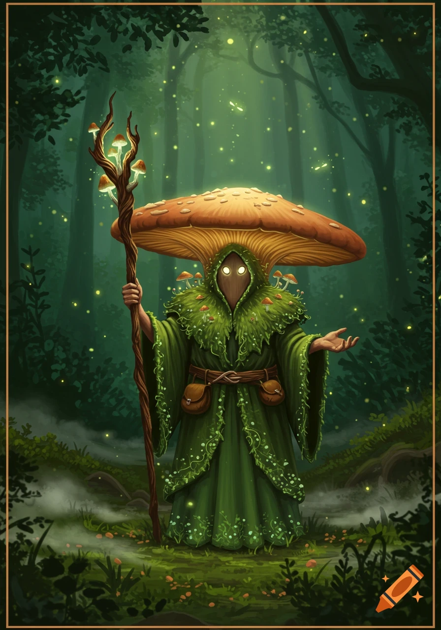 A mushroom druid character in a mystical forest, wearing a mossy robe and a large mushroom cap, holding a staff with glowing mushrooms.