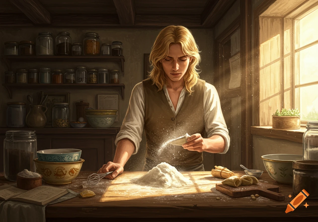 A young man with long blonde hair sifting flour onto a wooden table in a rustic kitchen.