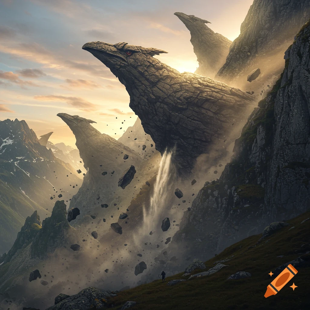 Majestic mountain peaks sculpted like giant birds, amidst a rockslide and misty waterfalls at sunset.