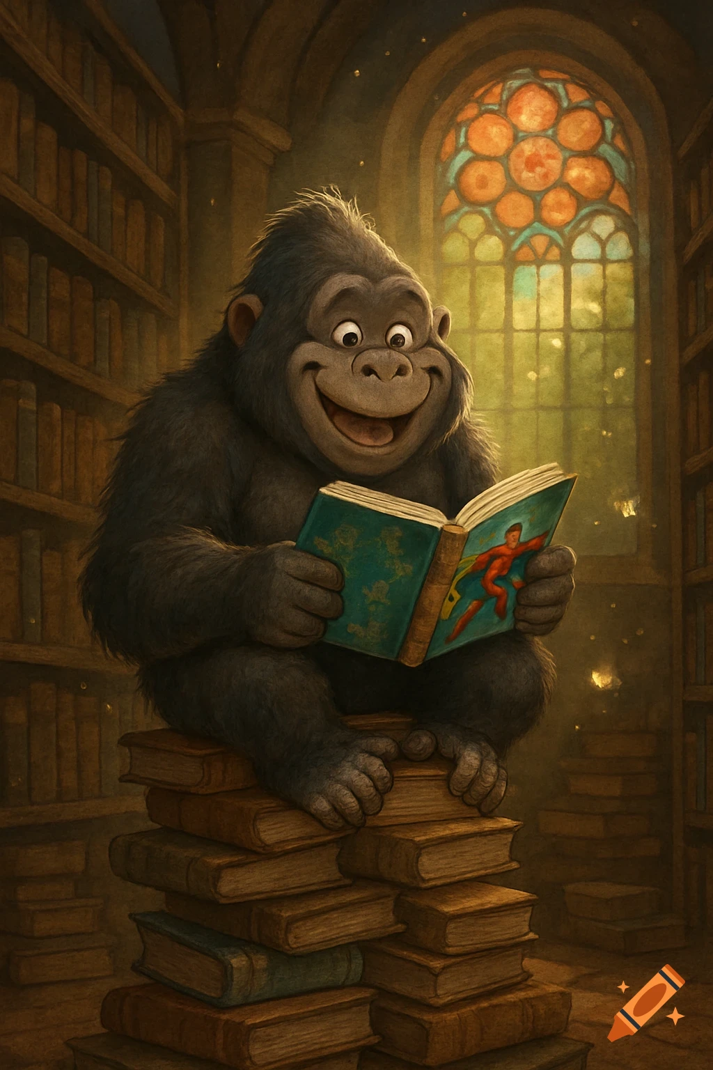 A cute, smiling cartoon gorilla reads a superhero book while sitting on a pile of books in a library with a sunlit stained-glass window.