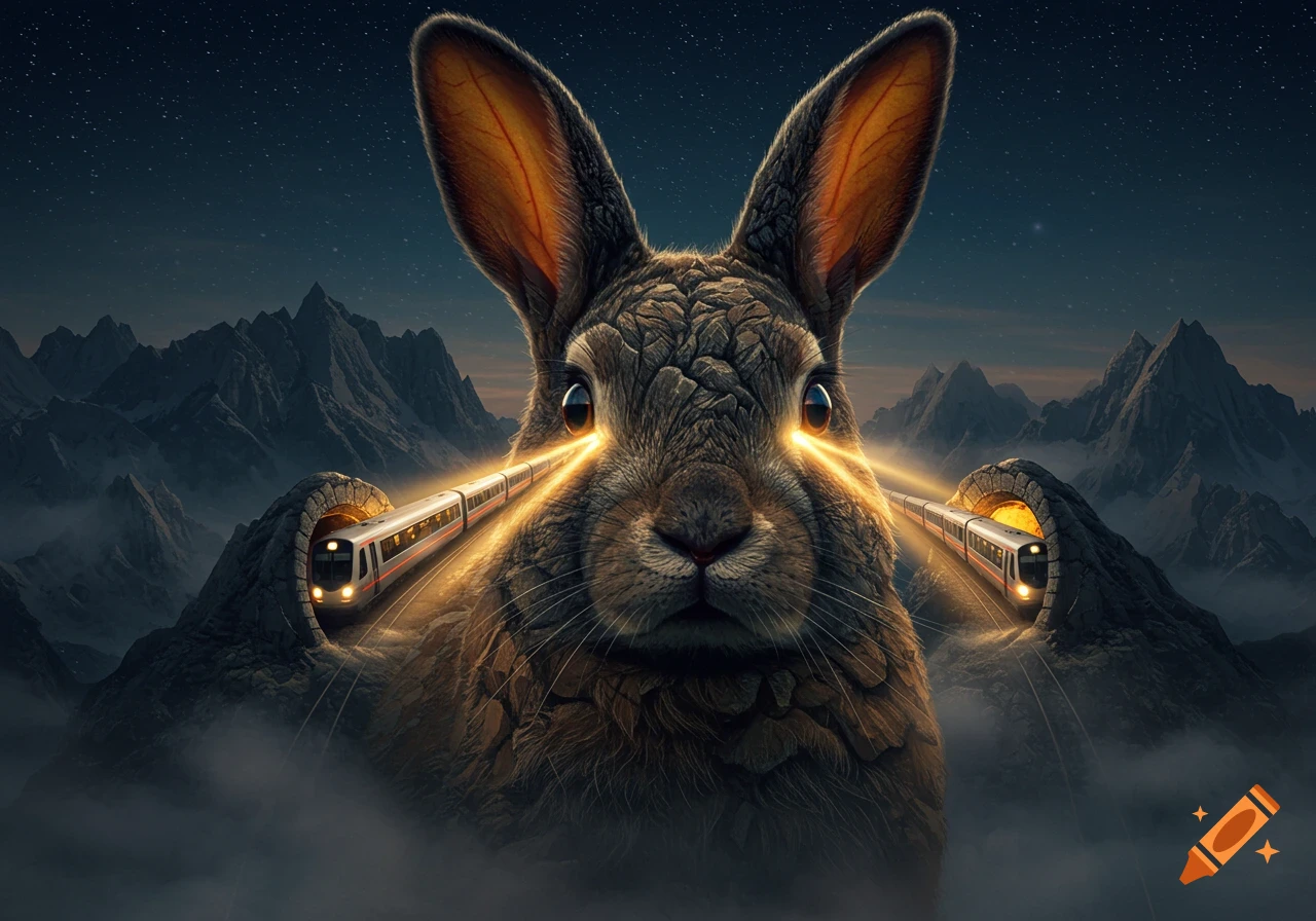 Giant rabbit with trains emerging from its glowing eyes through mountain tunnels at night, under a starry sky.
