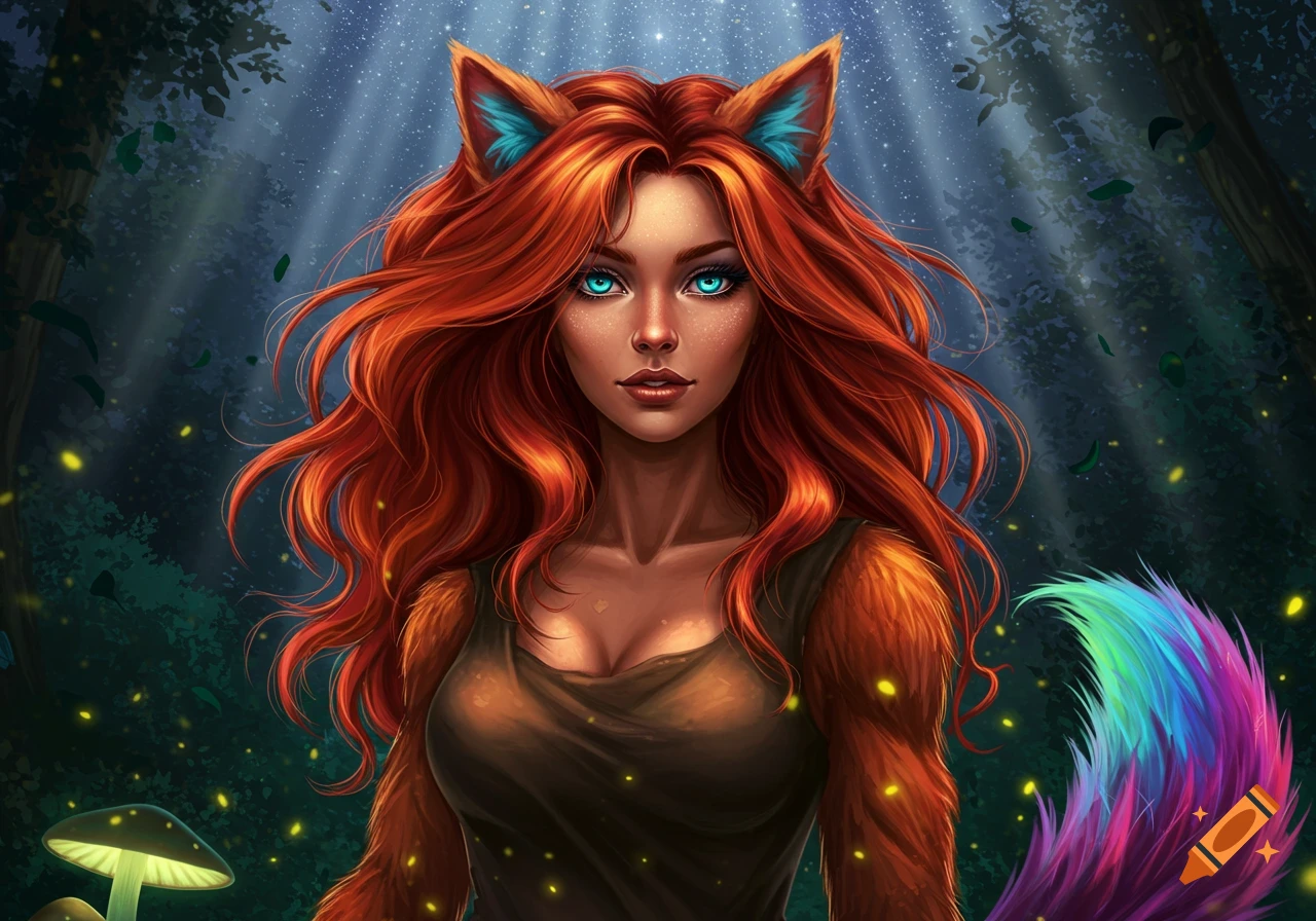Digital art of a red-haired fox woman with blue eyes, animal ears, and a rainbow tail, standing in a magical forest.