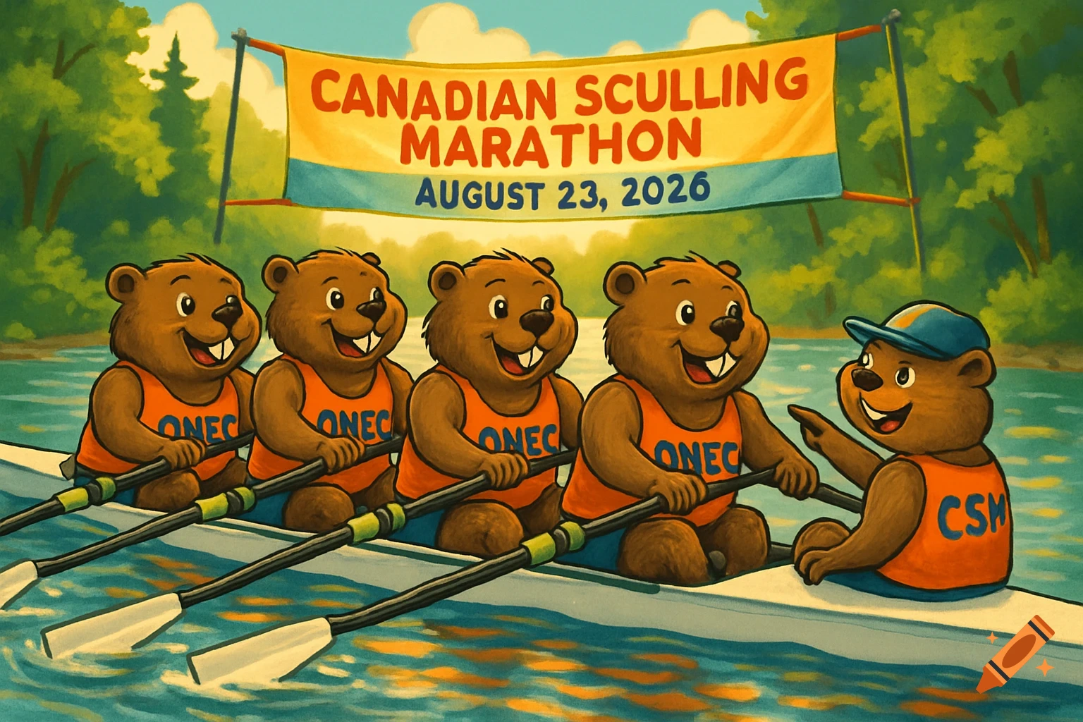 A bright cartoon shows five smiling beavers in orange singlets sculling a boat on a river, with a banner for 'Canadian Sculling Marathon' in the background.