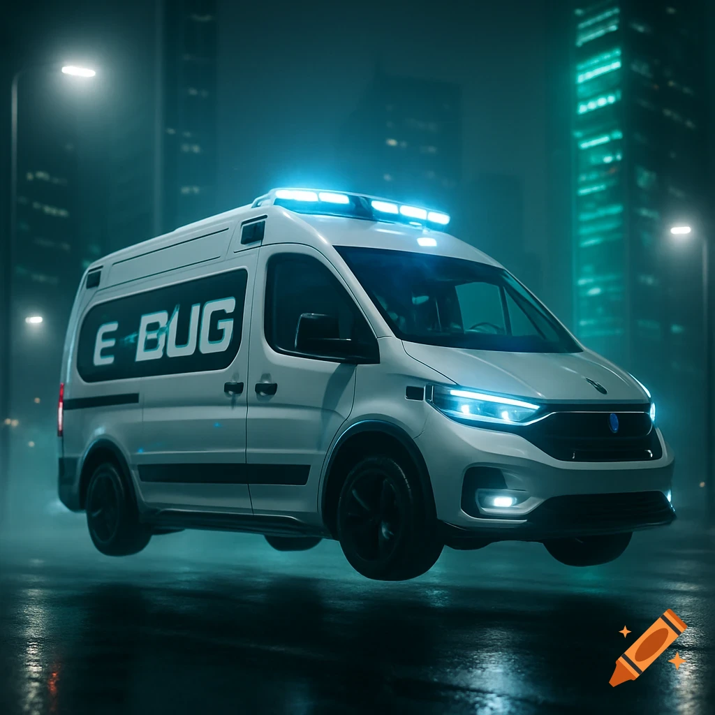 A futuristic white van with glowing blue lights floats above a wet city street at night, with "E-BUG" on its side.