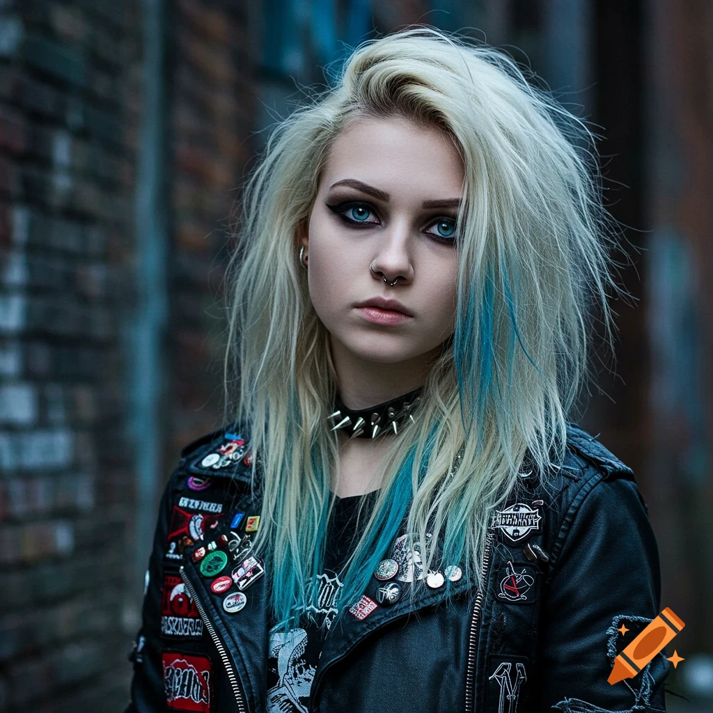 Close-up of a blonde girl with blue eyes, emo makeup, a studded collar, and a leather jacket adorned with patches.