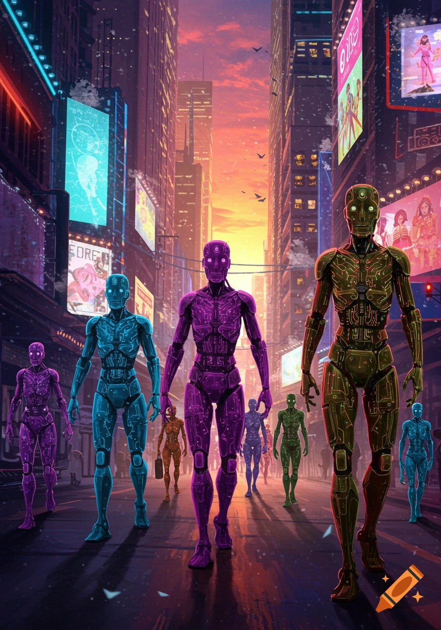 Colorful robots with exposed circuits walk down a neon-lit cyberpunk city street at sunset, digital art.