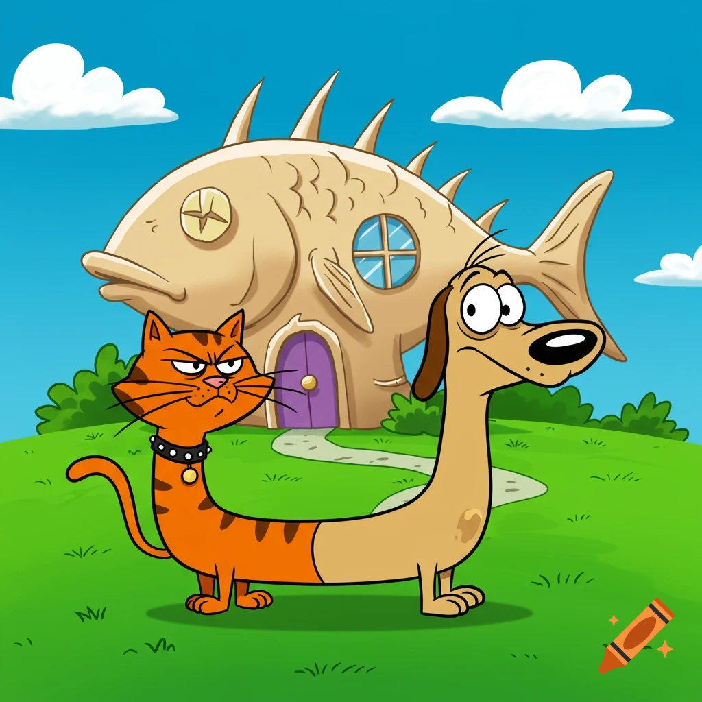 Sarcastic orange cat head and goofy tan dog head conjoined on one cartoon body, standing in front of their fishbone house under a blue sky.