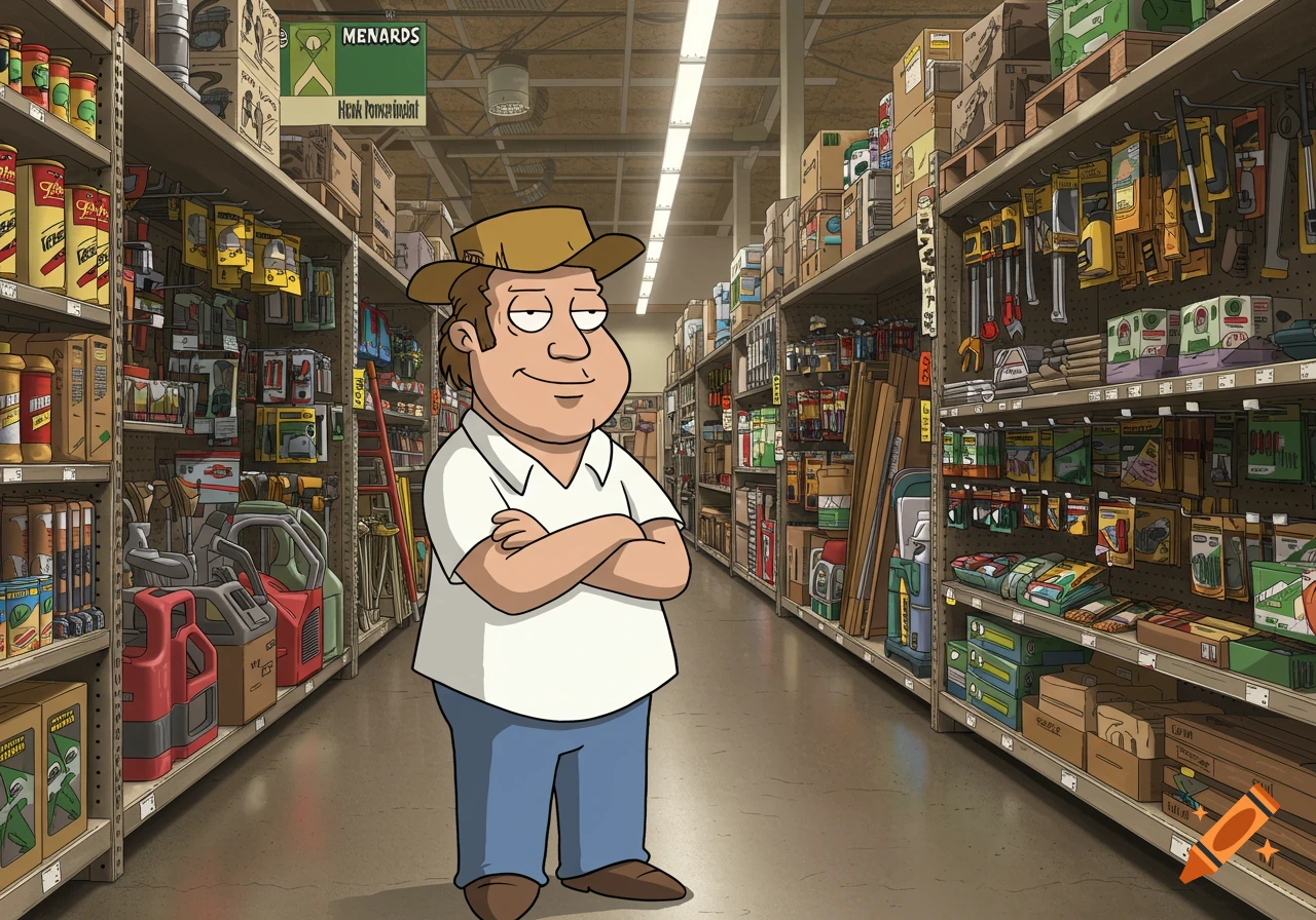 A cartoon man in a brown hat and white polo shirt stands with arms crossed in a hardware store aisle, resembling Hank Hill.