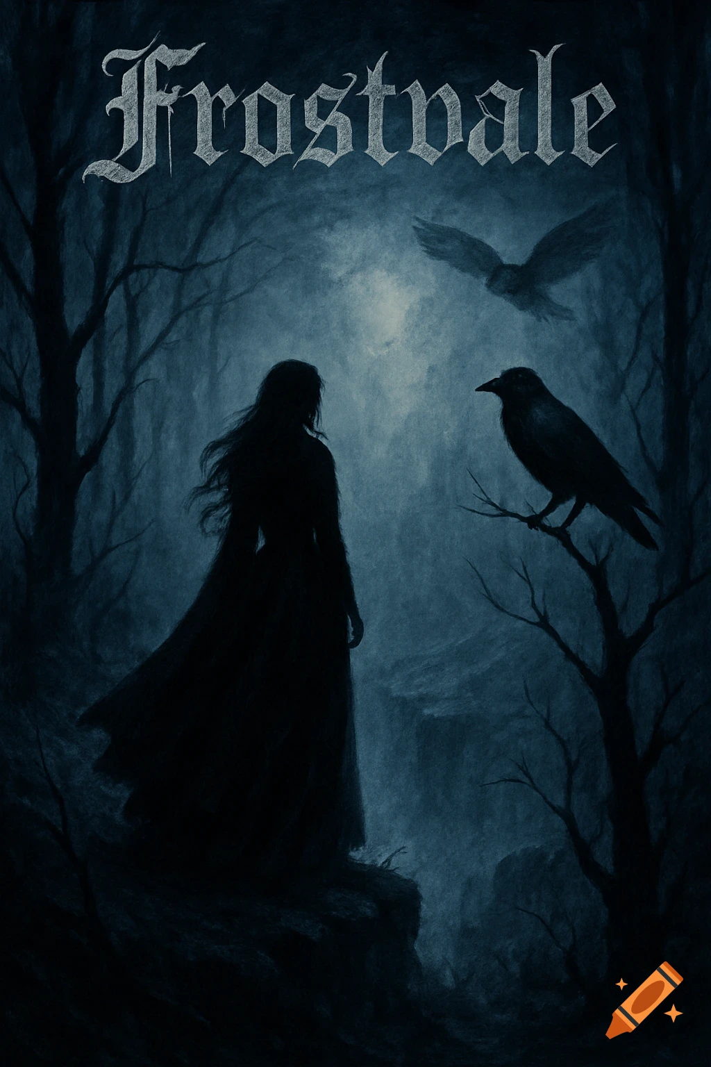 Dark, moody painting of a silhouetted woman in a forest, a raven on a branch, and 'Frostvale' text above.