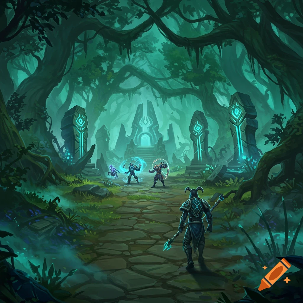 A stylized fantasy illustration of an armored figure approaching glowing ancient ruins in a misty, dark forest where other magical characters stand.