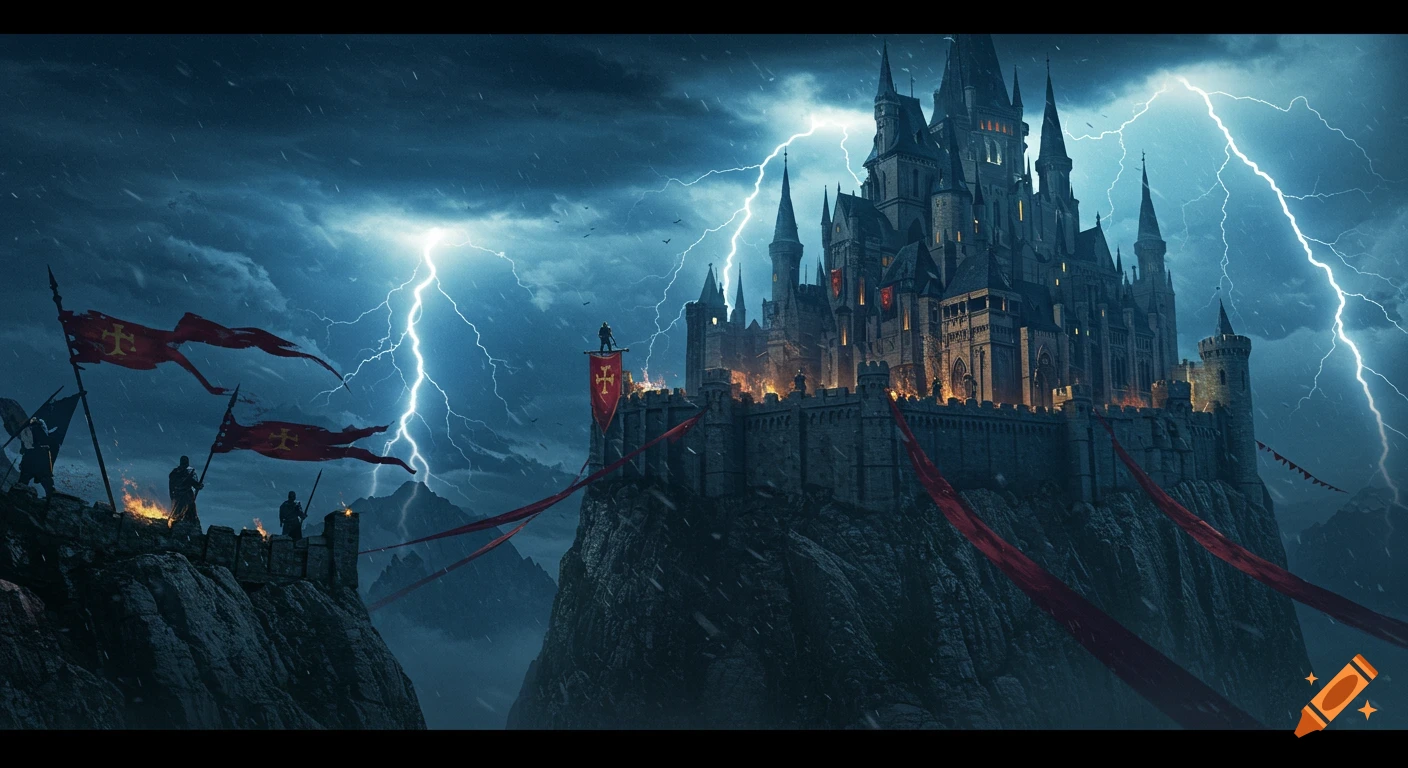 Dramatic, cinematic image of a grand, dark castle on a cliff under a stormy sky with lightning, guarded by knights holding red banners.