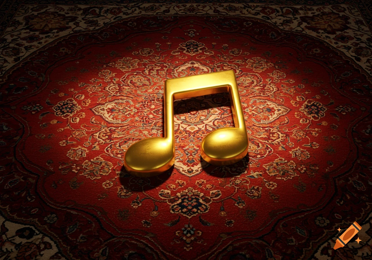 A shining golden double eighth note rests on a richly patterned red Persian carpet, dramatically lit.