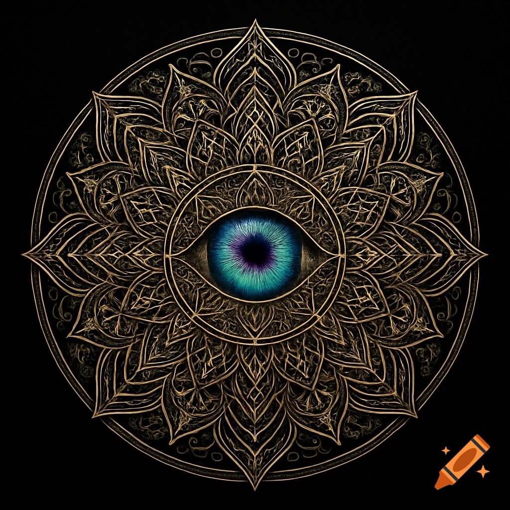 A golden, intricate geometric mandala with a glowing blue and purple eye in its center, against a black background.
