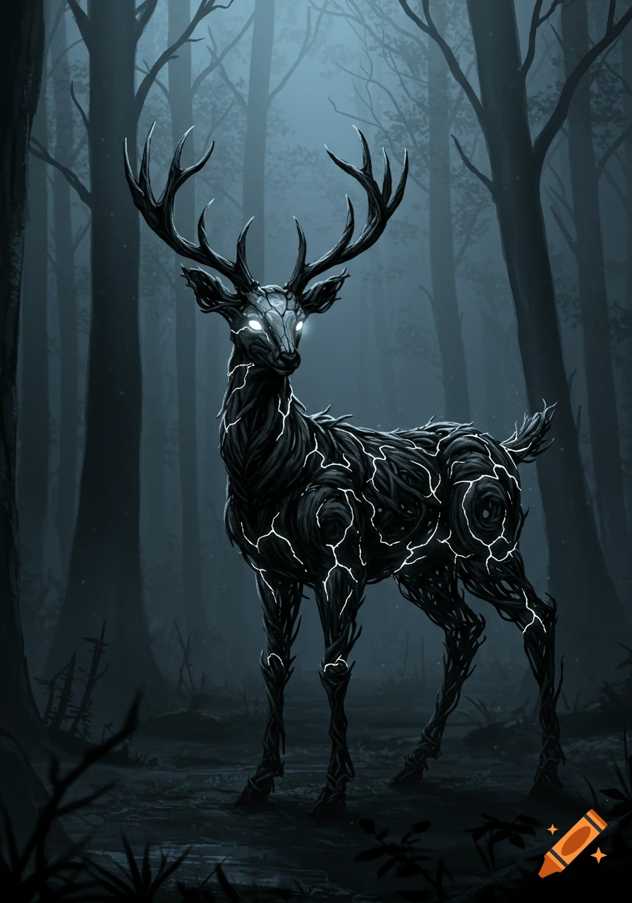 A dark, root-like deer with glowing white eyes and cracks on its body stands in a foggy forest, depicted in a fantasy art style.