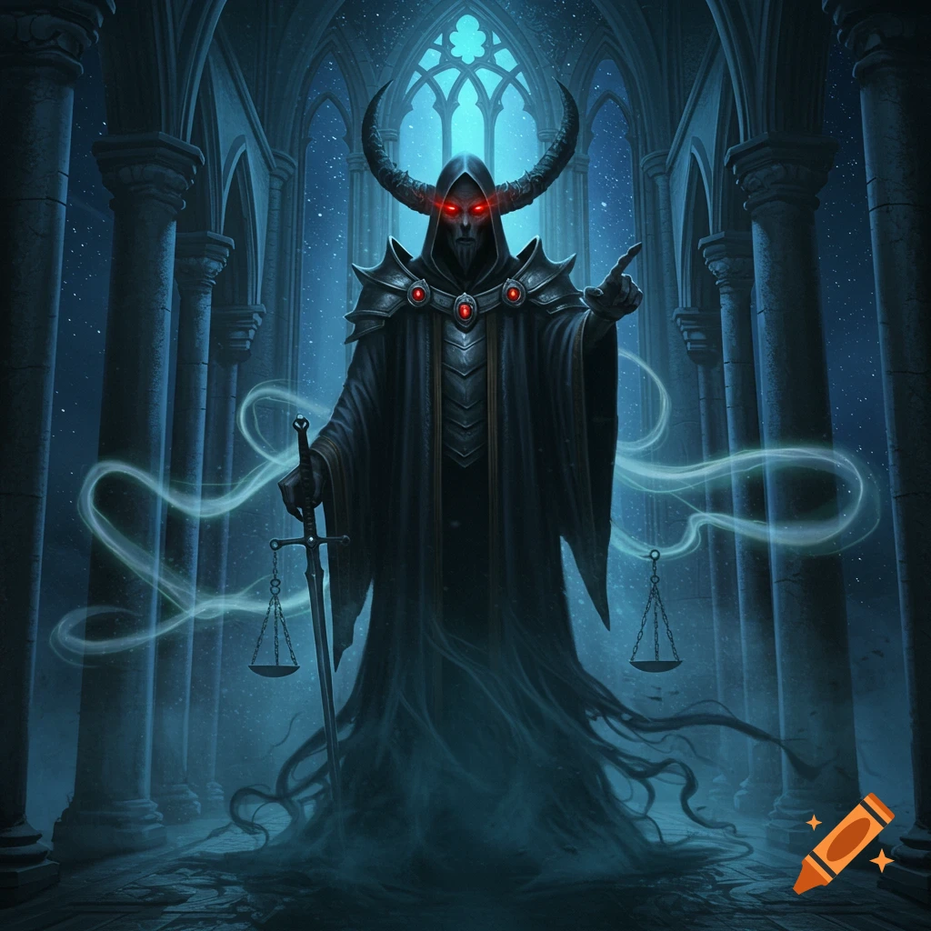 A horned, cloaked demonic figure with glowing red eyes holds a sword and scales, pointing in a dark gothic cathedral.