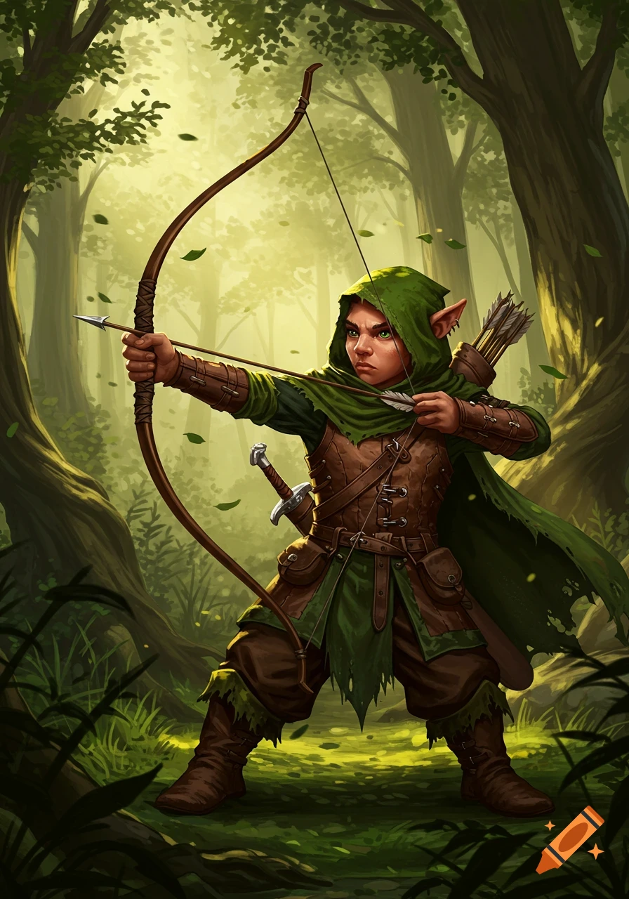 A halfling ranger with pointy ears and a green cloak draws a long bow and arrow in a sunlit fantasy forest, digital painting.