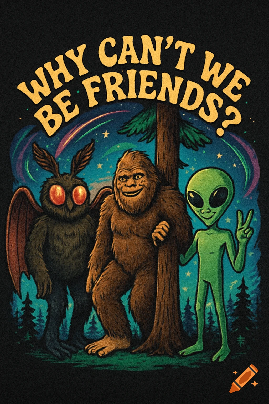 Cartoon illustration of Mothman, Bigfoot, and an alien standing in a forest at night, with the text 'WHY CAN'T WE BE FRIENDS?'