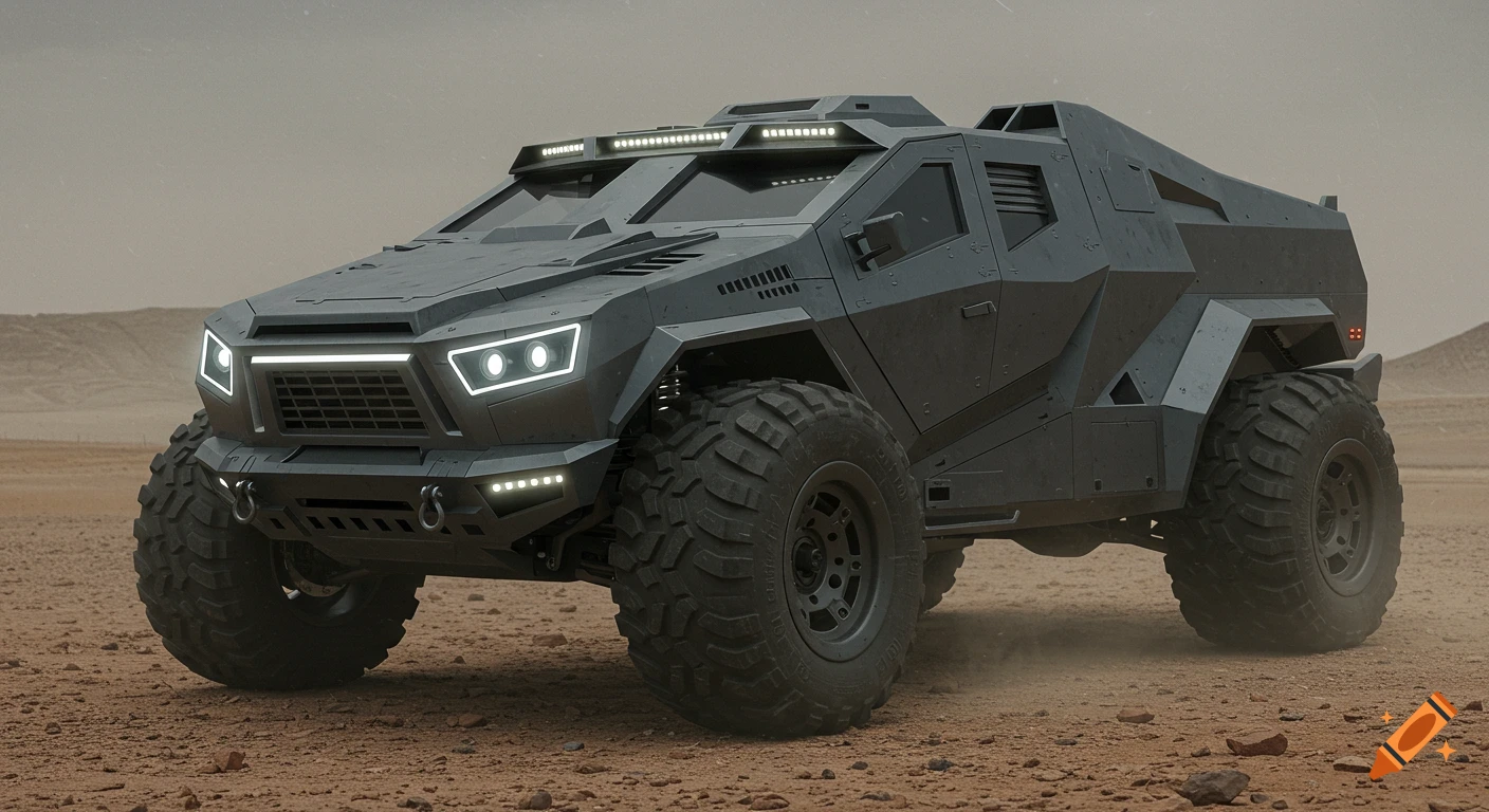 A dark gray, armored, futuristic all-terrain truck-ATV with oversized tires in a desolate, dusty desert wasteland. Photorealistic rendering.