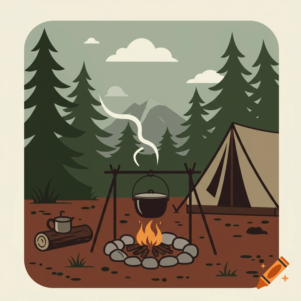 Linocut illustration of a campsite with a cooking pot over a campfire, a tent, and pine trees under a cloudy sky.