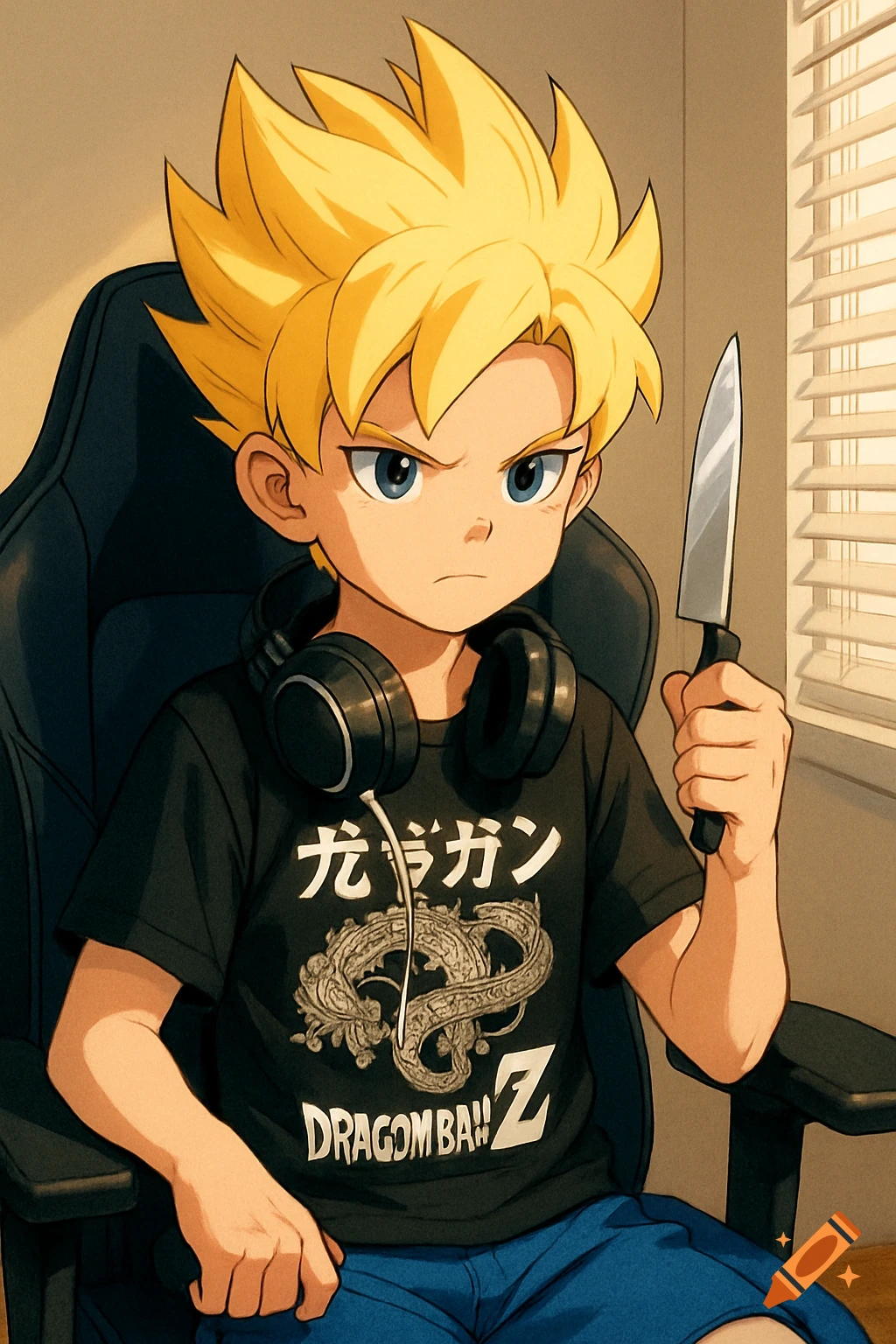 Anime boy with yellow spiky hair, black Dragon Ball Z shirt, and headphones, holding a kitchen knife in a gaming chair.