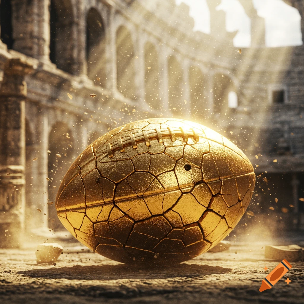 A gleaming, cracked gold football sits on dusty ground inside ancient, sunlit stone ruins.