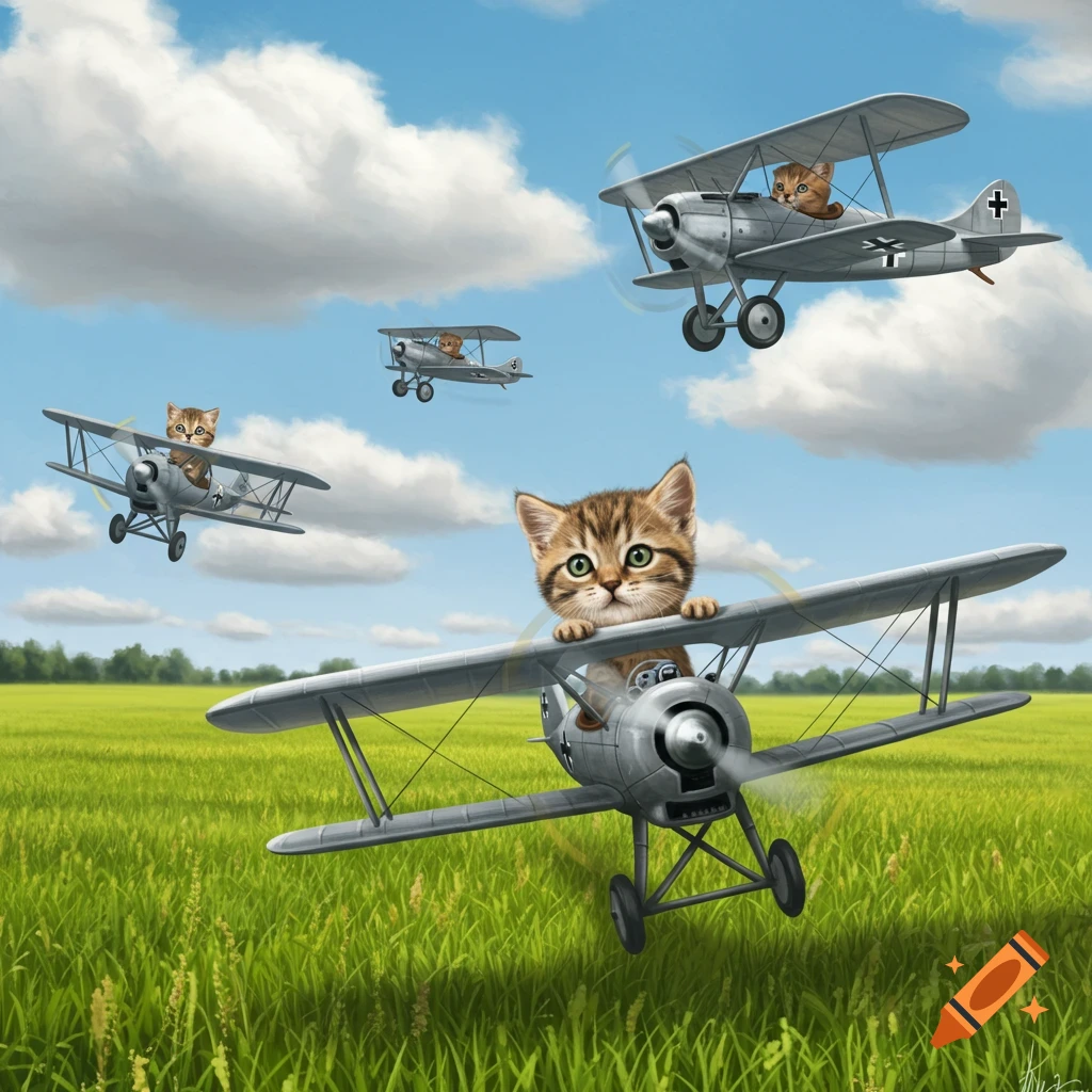 Four adorable tabby kittens flying vintage gray biplanes with German markings in formation over a green field under a blue sky with clouds.