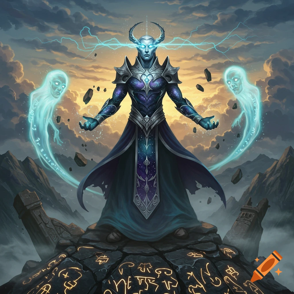 A cosmic being with horns, glowing eyes, and armor stands on a rune-covered peak, flanked by ethereal spirits under a cloudy, sunset sky.