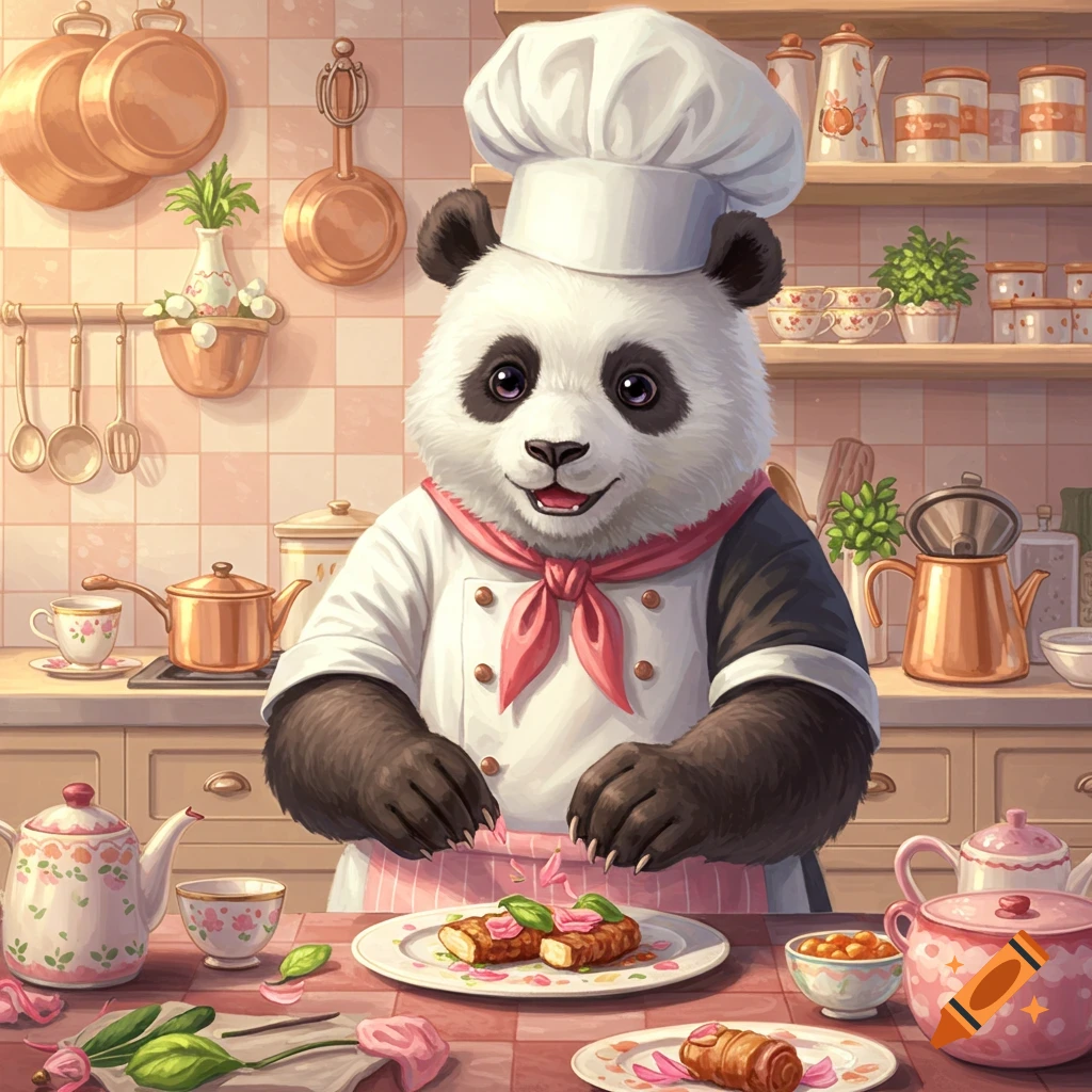 A cute panda chef in a white uniform and chef's hat, garnishing a dish with pink petals and green herbs in a charming kitchen.