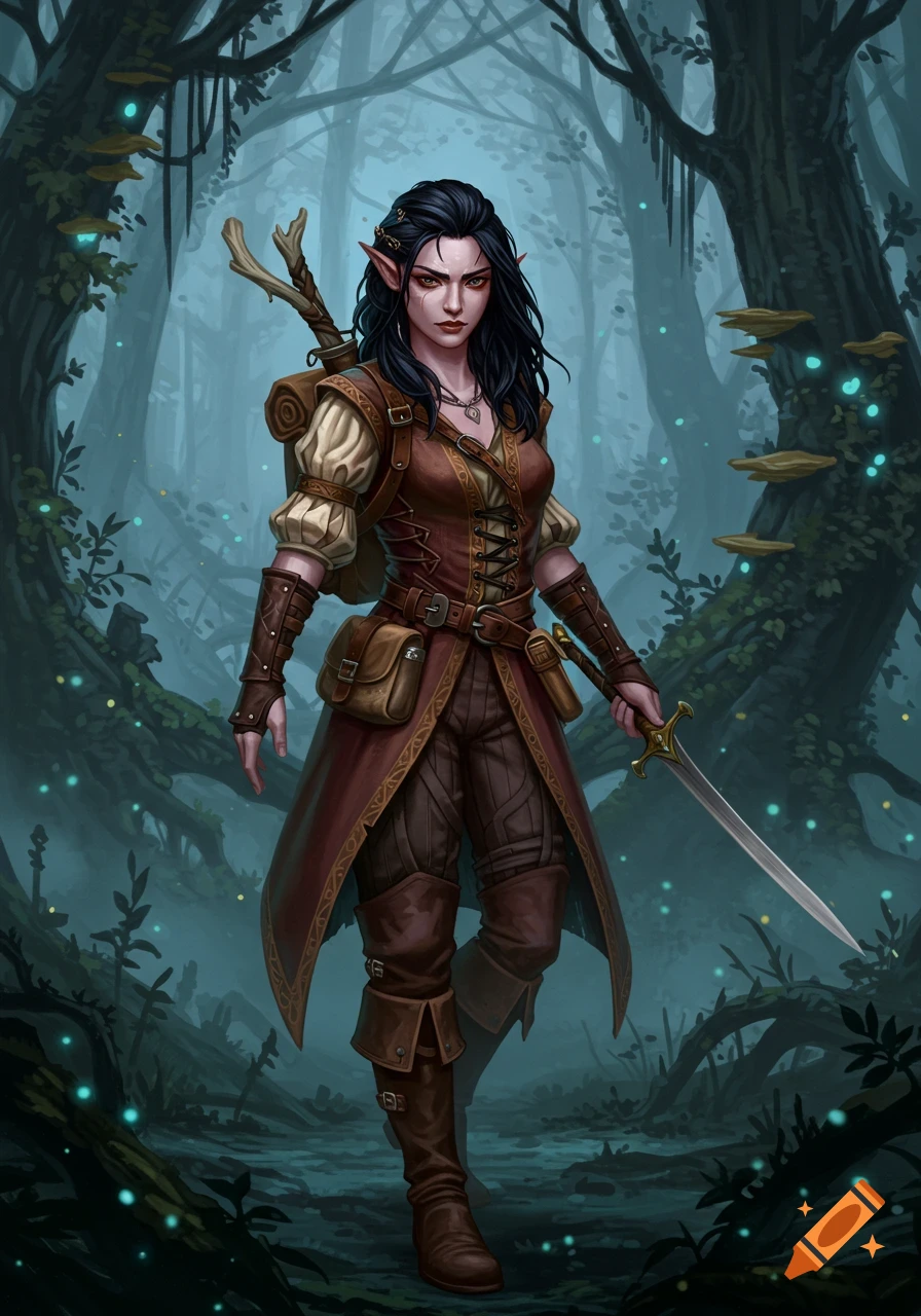 A dark-haired female fantasy character with pointed ears and red eyes, dressed in adventurer attire, holds a sword in a magical forest.