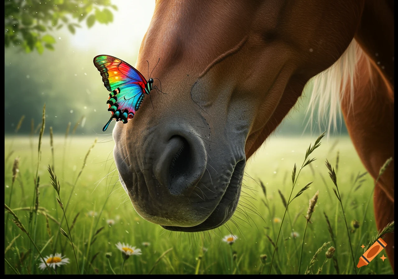 A colorful rainbow butterfly rests on the textured nose of a brown horse in a sunlit grassy field.