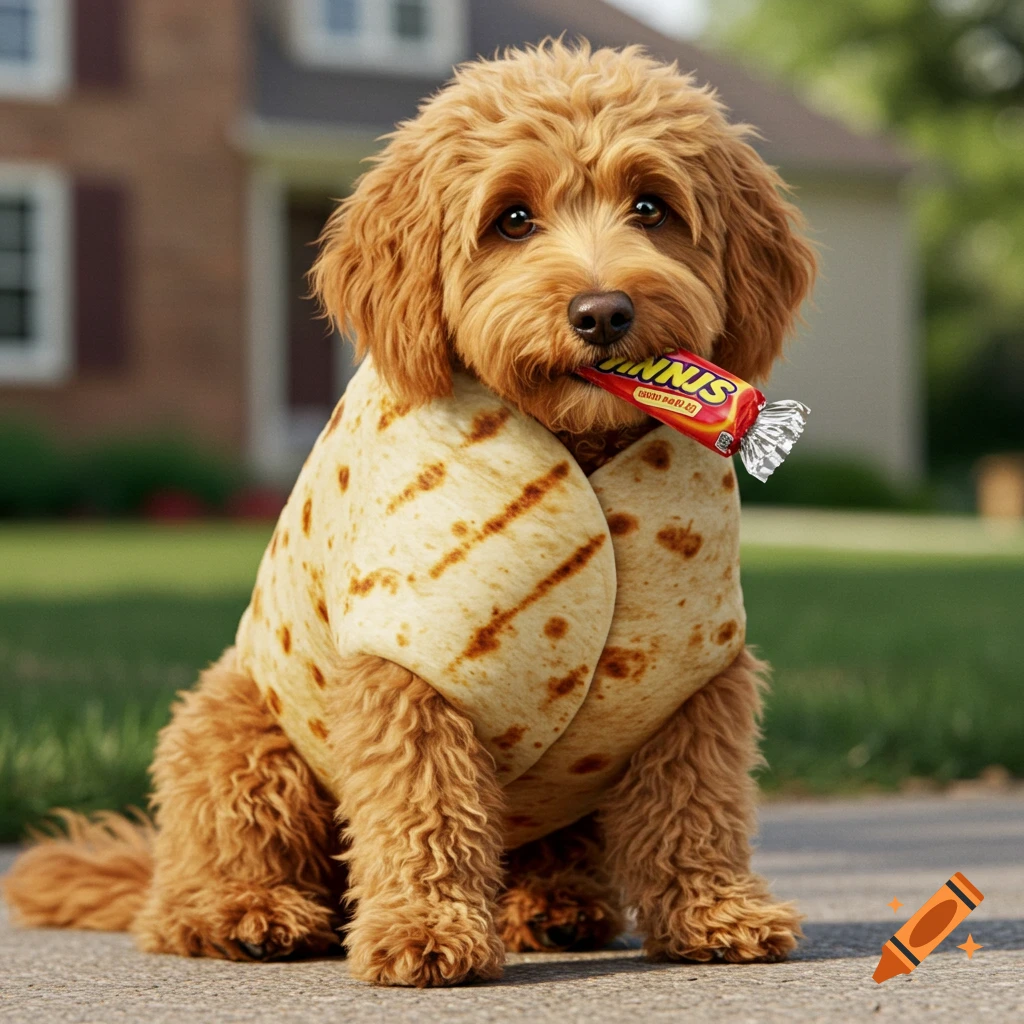 A cute golden doodle dog dressed as a burrito, holding a red candy bar in its mouth, outdoors.